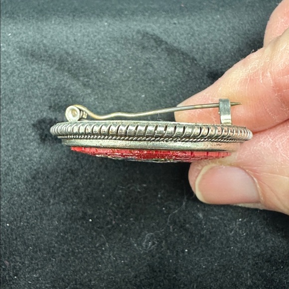 Vintage Italian Micro Floral Mosaic Brooch - Red and Silver - Picture 7 of 8